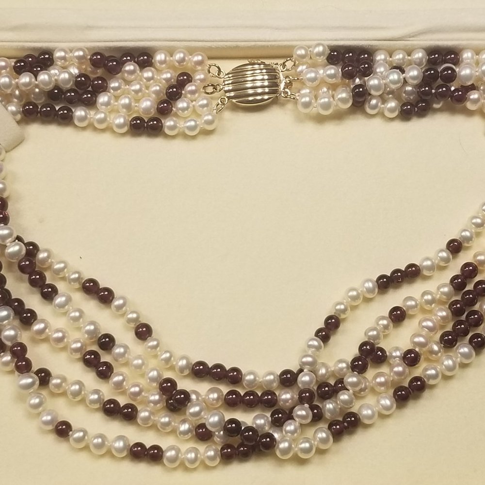 RARE VINTAGE ESTATE GUMPS RED GARNET PEARL 14k GOLD NECKLACE 5 STRAND TORSADE